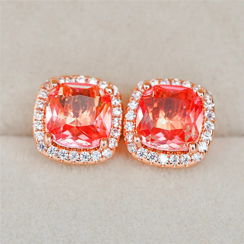 Luxury Female Square Blue Stone Earrings Cute Zircon Double Wedding Jewelry Simple Silver Color Stud Earrings For Women
