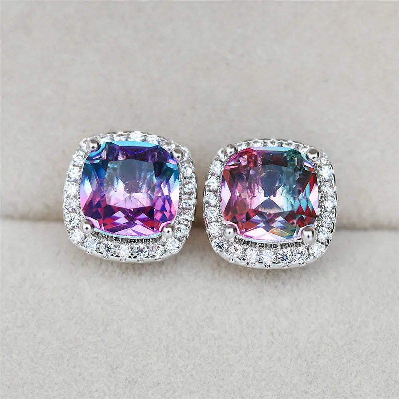 Luxury Female Square Blue Stone Earrings Cute Zircon Double Wedding Jewelry Simple Silver Color Stud Earrings For Women
