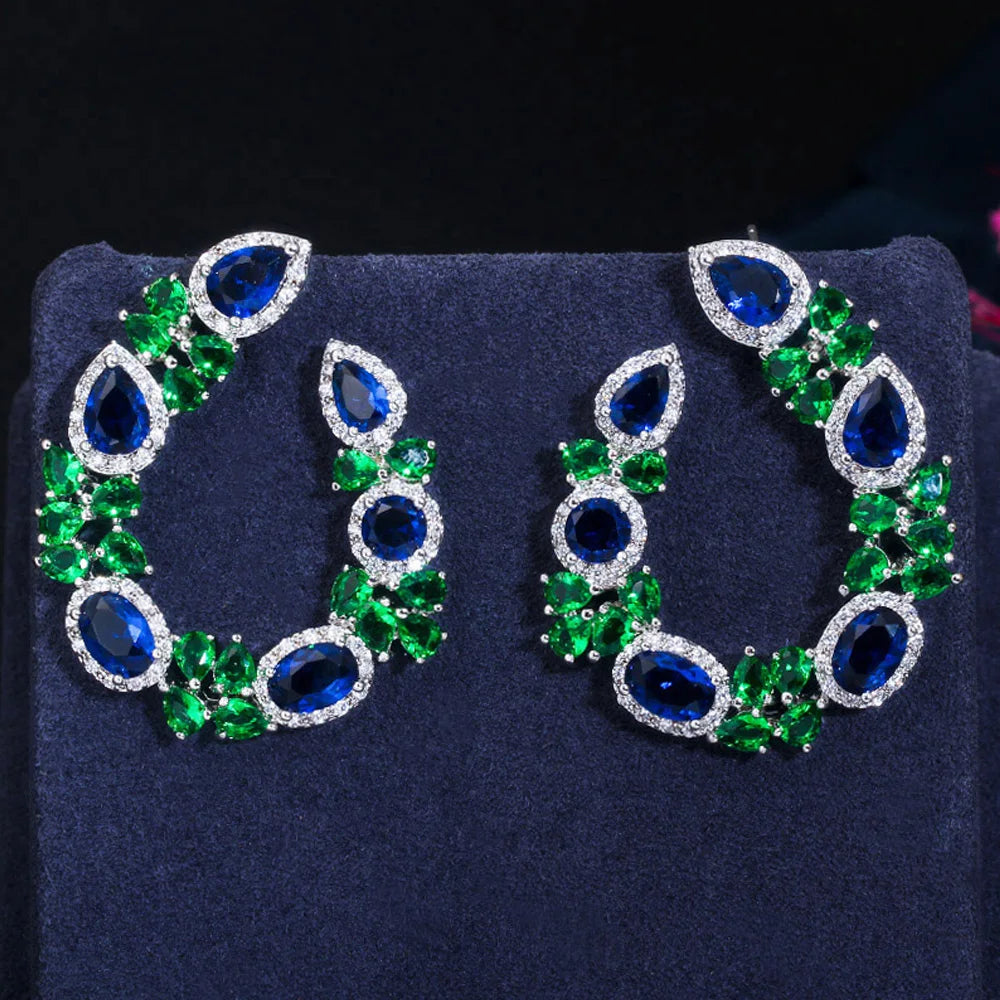 ThreeGraces Sweet Colorful Cubic Zirconia Big Symmetrical Earrings Pendant Necklace Fashion Jewelry Set for Women Party JS619