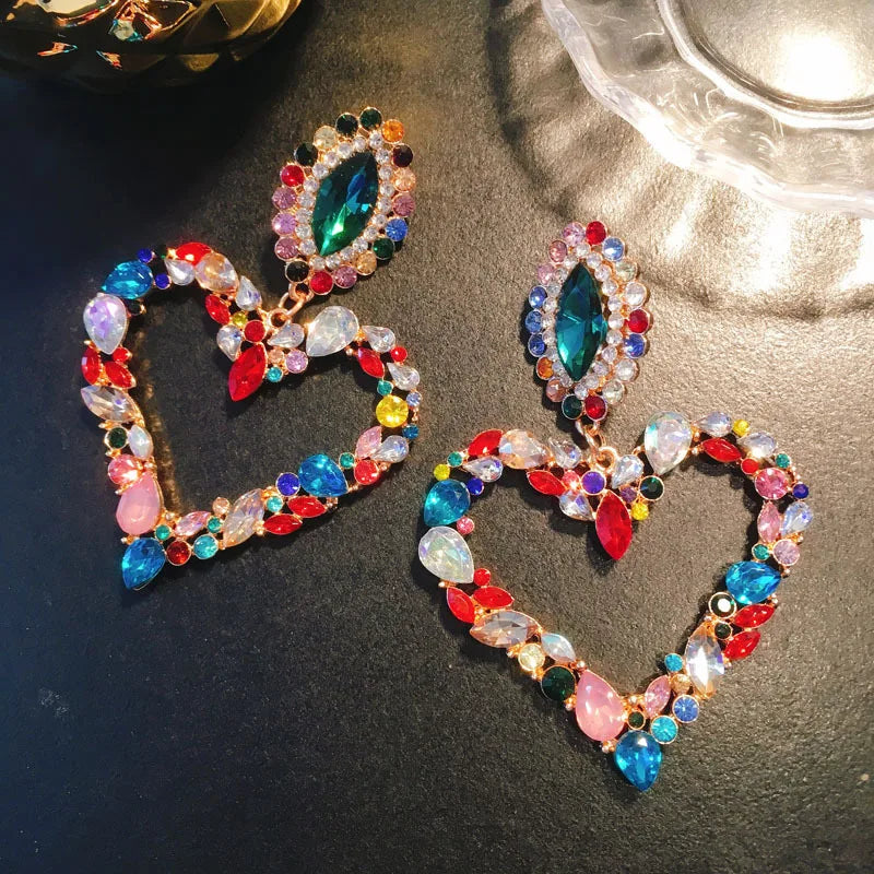 KMVEXO Fashion Boho Colorful Heart Crystal Earrings For Women 2023 New Rhinestone Statement Heart Stars Drop Earrings Bijoux