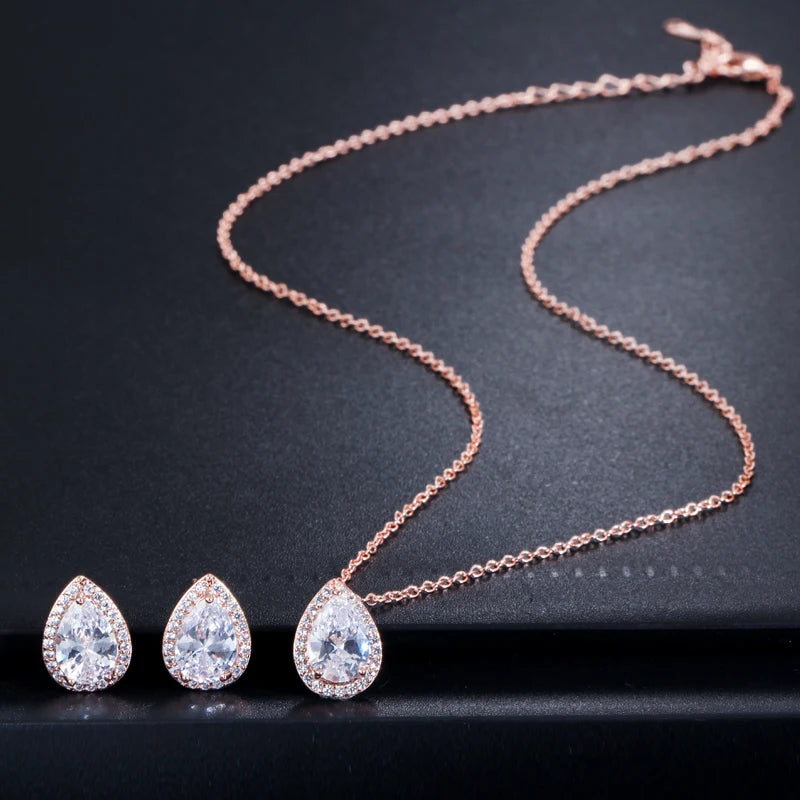 ThreeGraces Sweet Sparkling Water Drop Cubic Zirconia Fashion Necklace and Stud Earrings Party Jewelry Set for Women JS210