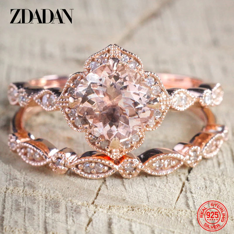 ZDADAN 925 Sterling Silver 18K Rose Gold CZ Rings For Women Wedding Jewelry Party Gift