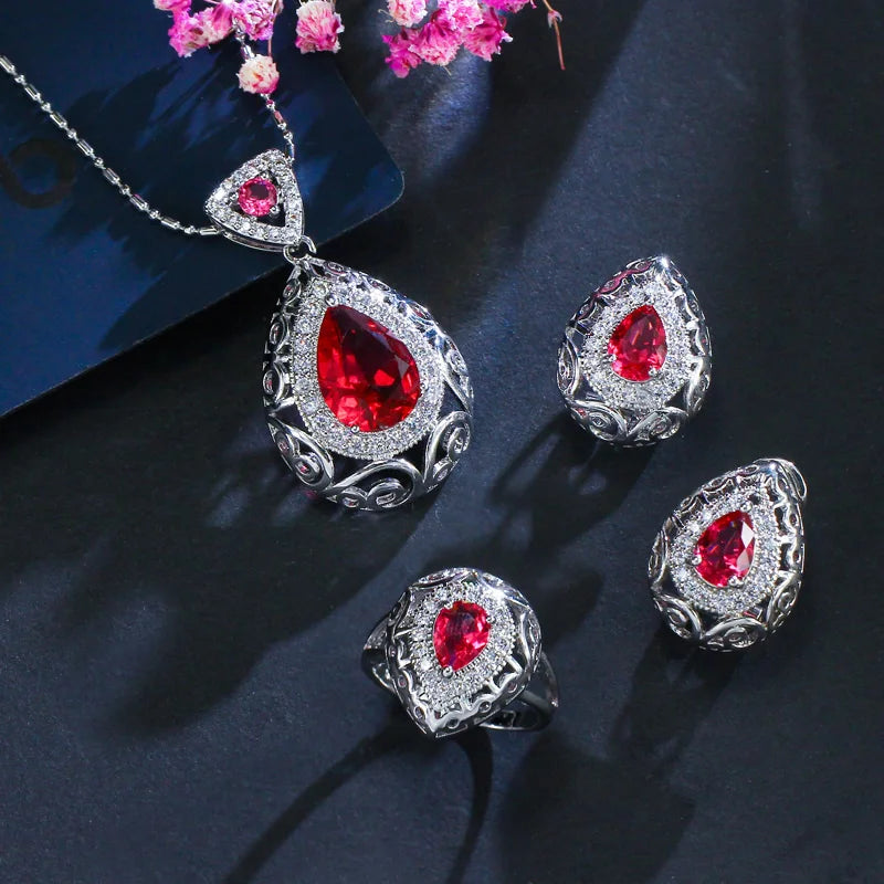 ThreeGraces 3pcs Elegant Green Cubic Zirconia Fashion Pendant Necklace  Earrings Ring Jewelry Set for Women Party Wear JS137