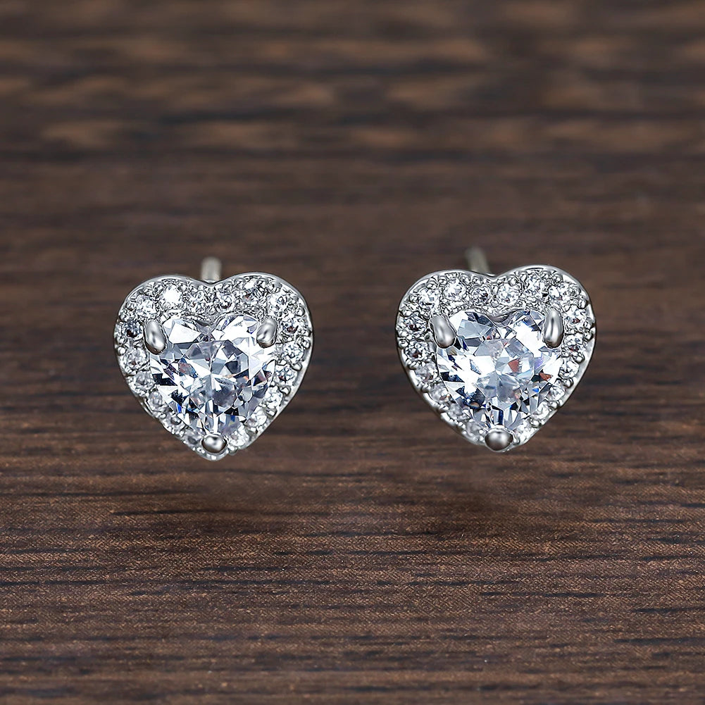 Dainty Female Rainbow Crystal Stone Jewelry Charm Silver Color Small Stud Earring Cute Heart Zircon Wedding Earrings For Women