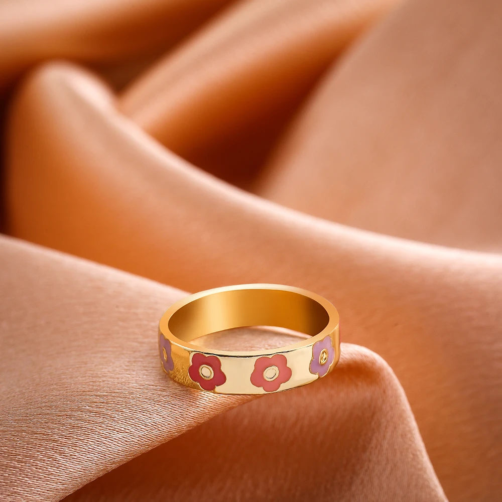 Aesthetic Colorful Enamel Heart Star Flower Shaped Ring Set for Women Cute Fashion Stacking Finger Rings Jewelry Gift
