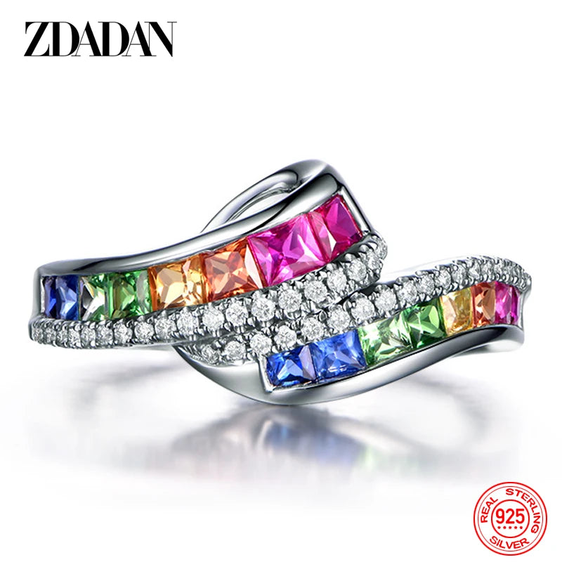 ZDADAN 925 Sterling Silver Charm Crystal Zircon Ring For Women Fashion Wedding Party Jewelry