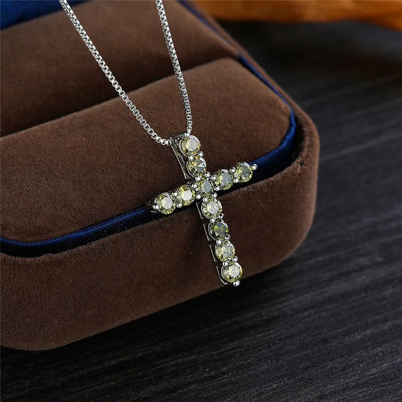Luxury Female Crystal Blue Purple Pendant Necklace Charm Silver Color Chain Zircon Stone Wedding Jewelry For Women