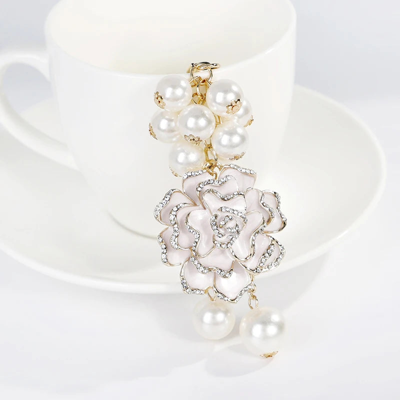 Flower Pearl  Keychain Leather bag pendant key chain Car pendant Flower Rose Gift Souvenirs keychain