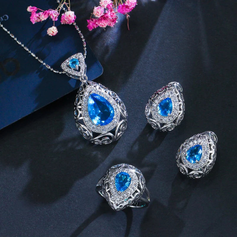 ThreeGraces 3pcs Elegant Green Cubic Zirconia Fashion Pendant Necklace  Earrings Ring Jewelry Set for Women Party Wear JS137