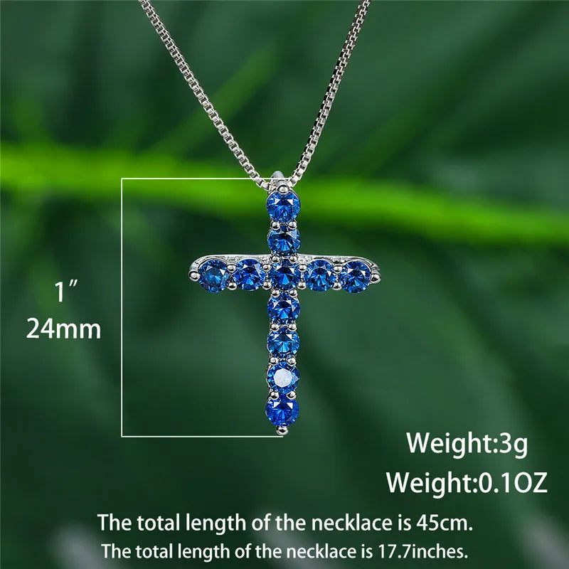 Luxury Female Crystal Blue Purple Pendant Necklace Charm Silver Color Chain Zircon Stone Wedding Jewelry For Women