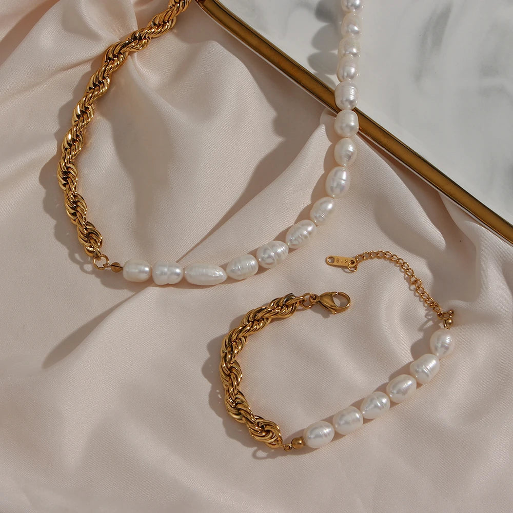 E.B.belle Bold Twisted Rope Chain Splicing with Freshwater Pearl Chunky Chain Necklace Jewelry On The Neck For Women