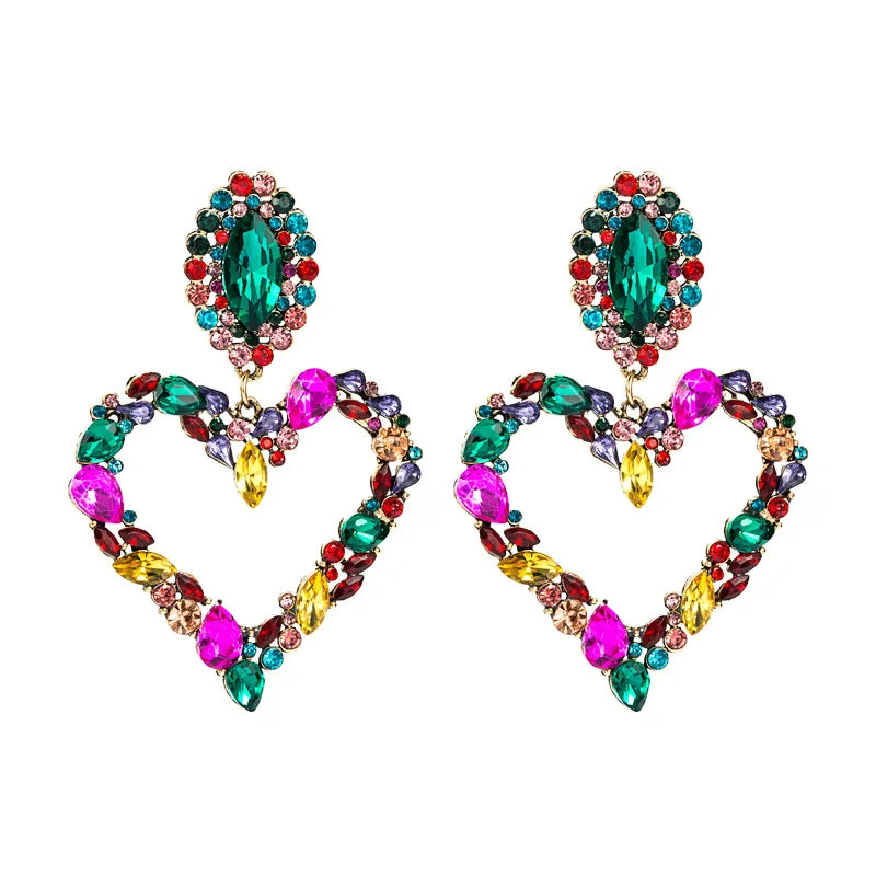 KMVEXO Fashion Boho Colorful Heart Crystal Earrings For Women 2023 New Rhinestone Statement Heart Stars Drop Earrings Bijoux
