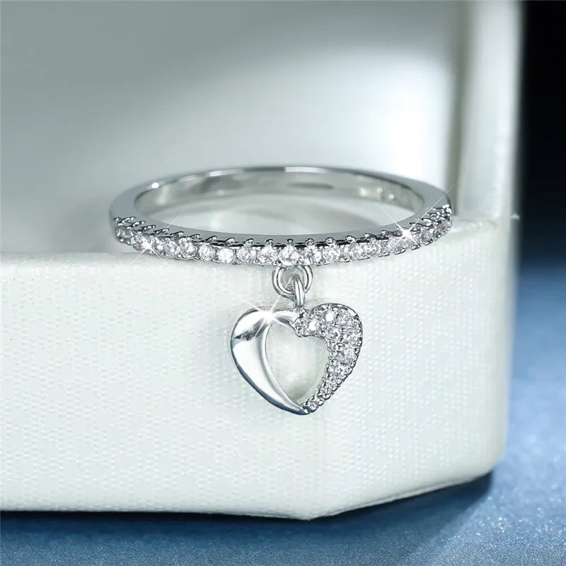 Cute Female Crystal Hollow Heart Pendant Ring Boho Gold Silver Color Engagement Jewelry Zircon Stone Wedding Rings For Women