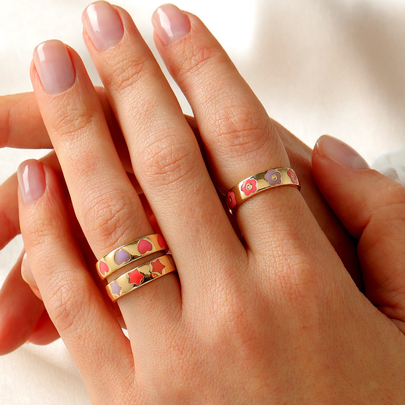 Aesthetic Colorful Enamel Heart Star Flower Shaped Ring Set for Women Cute Fashion Stacking Finger Rings Jewelry Gift