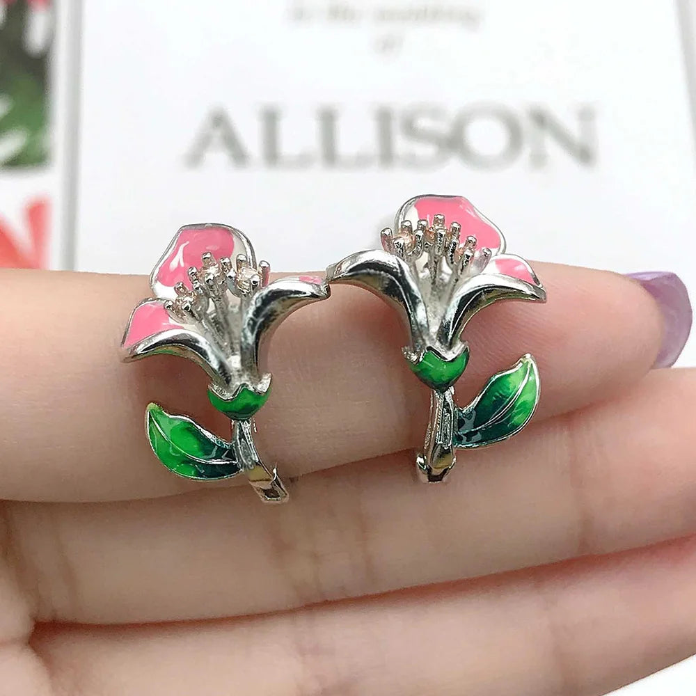 HUAMI 2PCS Hot Sale Zircon Christmas Cloisonne Epoxy Flower Earrings For Women Fashion Enamel and Diamond Engagement Earring
