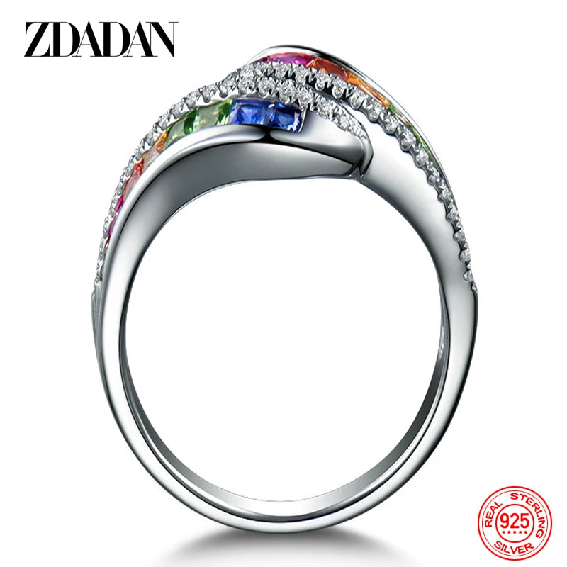 ZDADAN 925 Sterling Silver Charm Crystal Zircon Ring For Women Fashion Wedding Party Jewelry