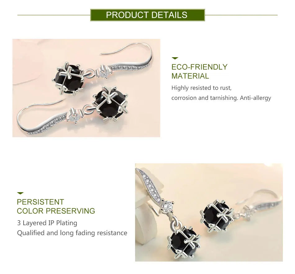 ZDADAN 925 Sterling Silver Black Round Zircon Drop Earrings For Women Fashion Wedding Jewelry Gift