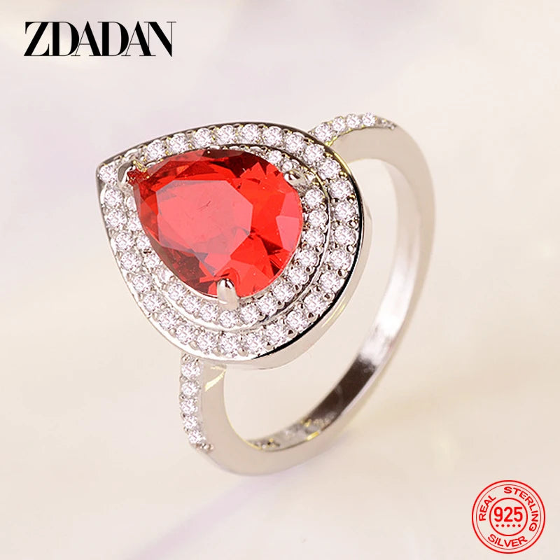 ZDADAN 925 Sterling Silver Water Drop Zircon Ring For Women Fashion Jewelry Gift
