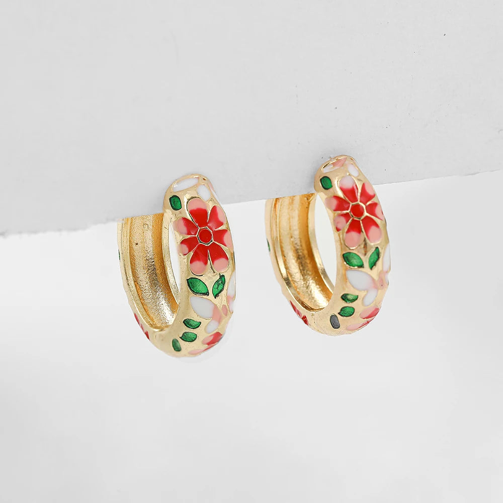 New Trendy Flower Enamel Hoop Earrings for Women Boho Statement Round Circle Huggie Earring Fashion Jewelry 2021 Brincos