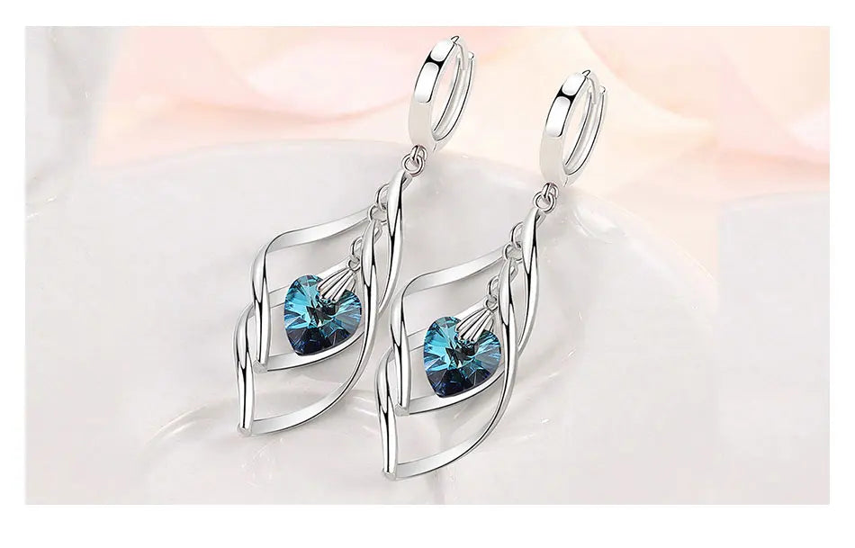 ZDADAN 925 Silver Hollow Blue Crystal Long Drop Earrings For Women Fashion Wedding Jewelry Gift