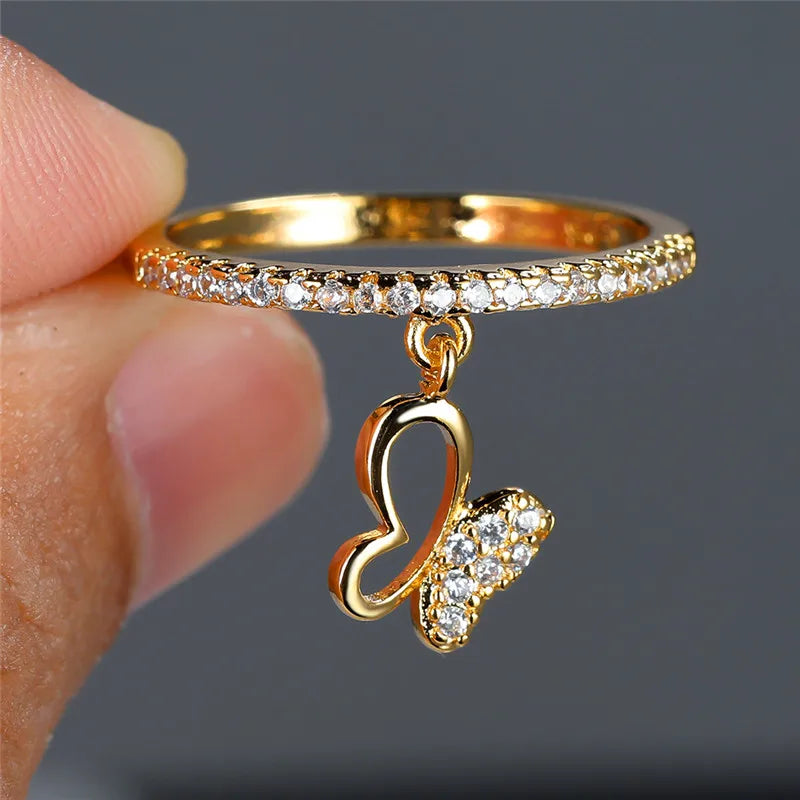 Luxury Female Crystal Butterfly Pendant Rings Gold Silver Color Engagement Ring Charm White Zircon Wedding Jewelry For Women