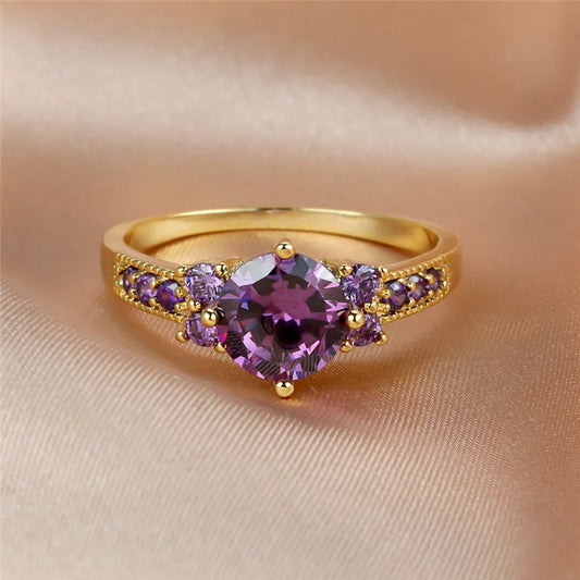 Vintage Female Purple Crystal Stone Charm Gold Color Thin Wedding Jewelry For Women Luxury Round Zircon Engagement Ring