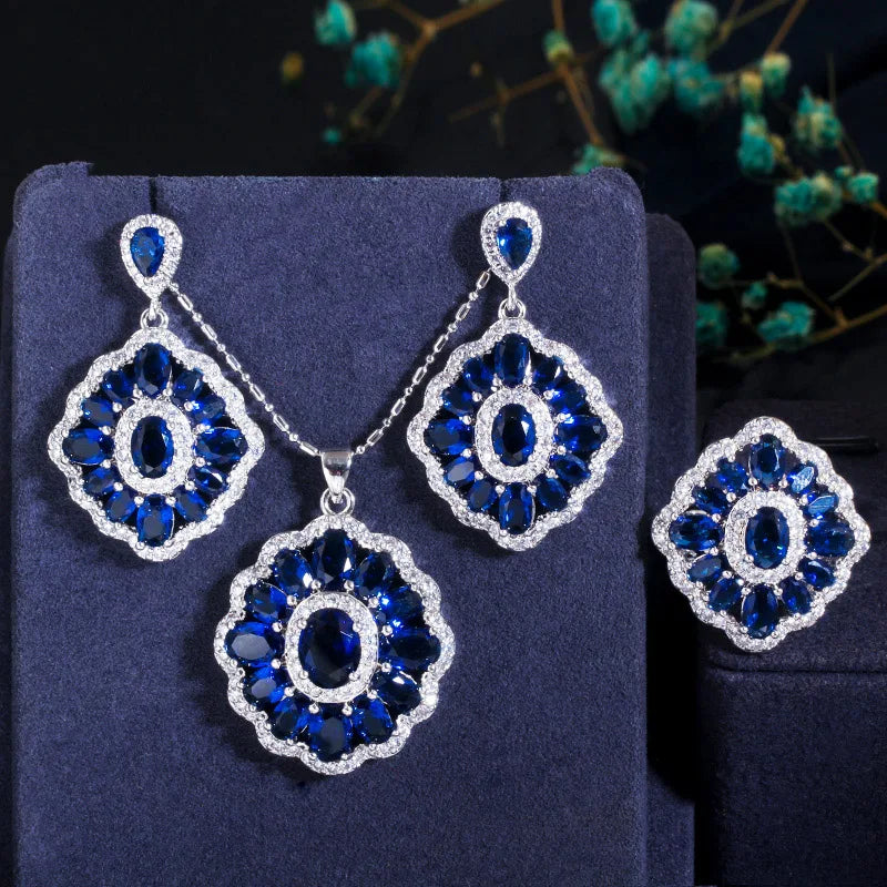 ThreeGraces Romantic Purple Cubic Zirconia Crystal Chic Earrings Pendant Necklace Ring for Women Party Banquet Jewerly JS512