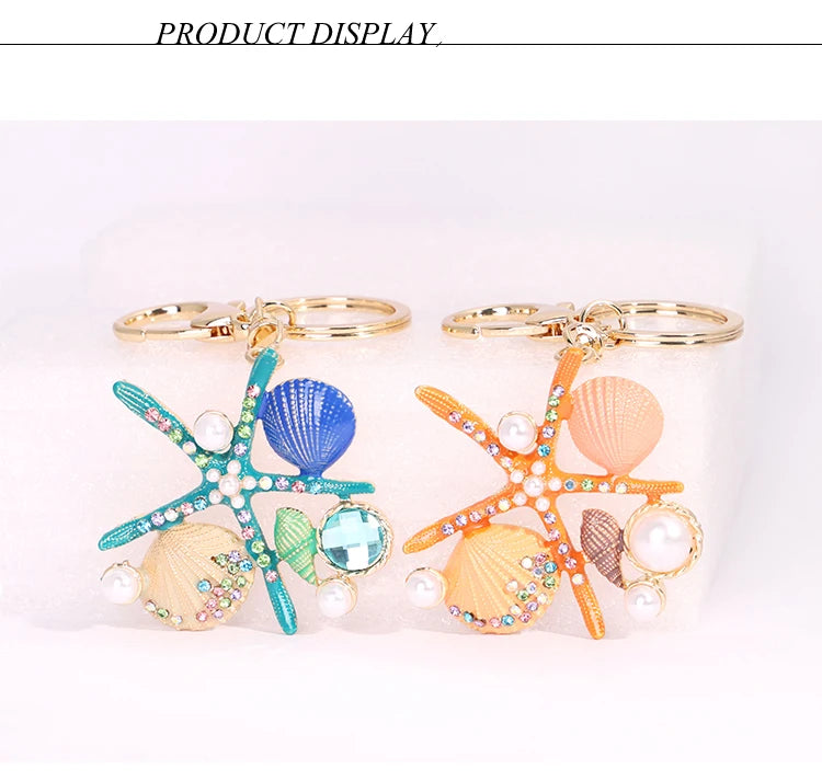 EASYA 2 Colors Sea World Crystal Starfish Keychain Fashion Simulated Pearl Shell Keyring Holders For Women Bag Car Key Chains