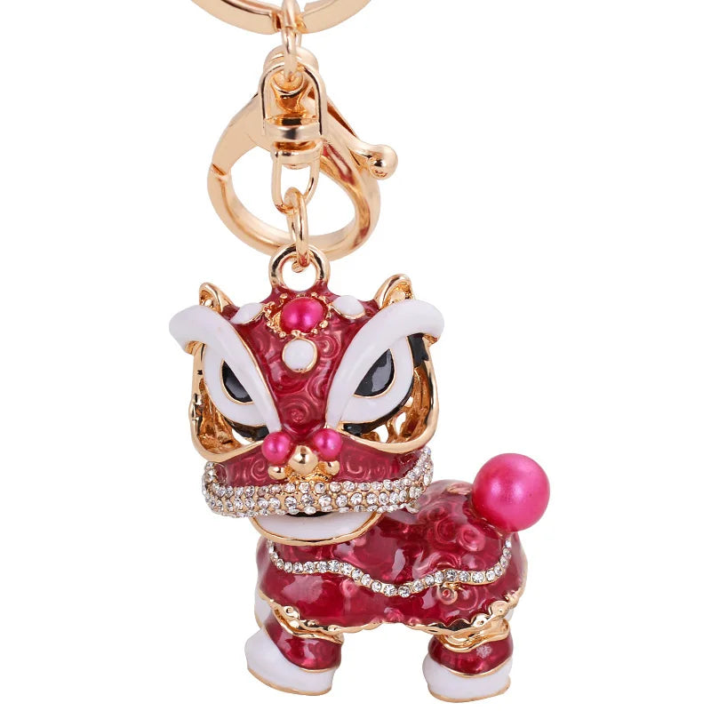 EASYA Chinese Lion Dance Chinatown GIFTS Rotatable Car Keychain Crystal Lucky Mascot Key Chain Ring  Souvenir