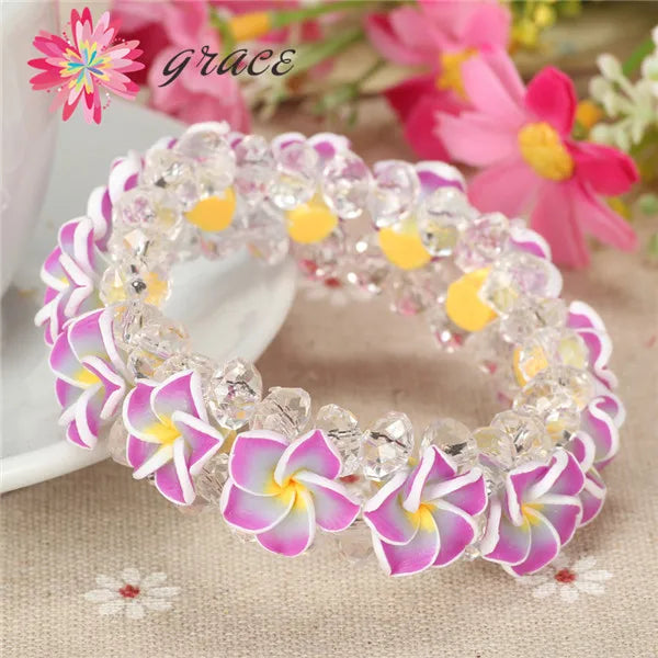 1pc/lot Handmade Cute Polymer Clay Frangipani Plumeria Hawaiian Flower Bracelets For Girls Women Holiday seaside Hawaii Jewelry