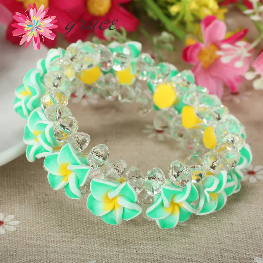 1pc/lot Handmade Cute Polymer Clay Frangipani Plumeria Hawaiian Flower Bracelets For Girls Women Holiday seaside Hawaii Jewelry