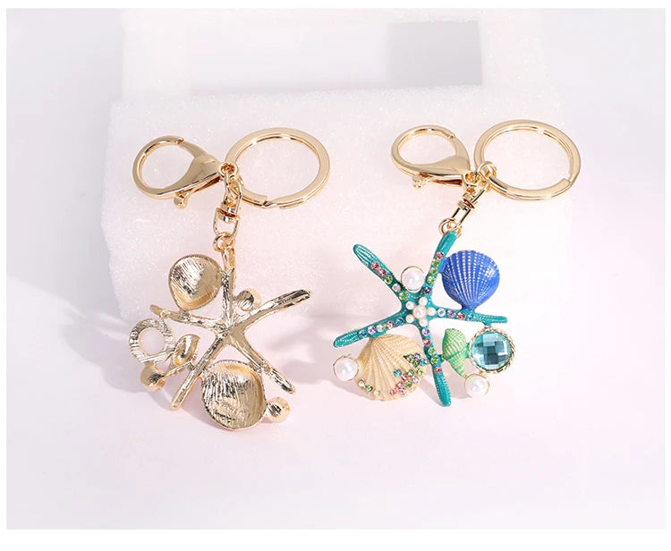 EASYA 2 Colors Sea World Crystal Starfish Keychain Fashion Simulated Pearl Shell Keyring Holders For Women Bag Car Key Chains