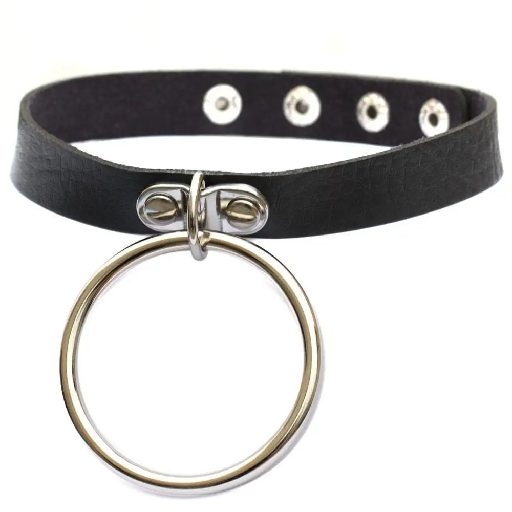 KMVEXO Women Men Cool Handmade Oversize Choker Necklace Fetish O Round Metal Gold Color Leather Collar Bondage Harness Necklaces