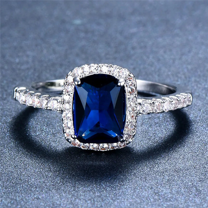 Luxury Female Girl Big Crystal CZ Stone Ring Silver Color White Blue Purple Green Wedding Rings For Women
