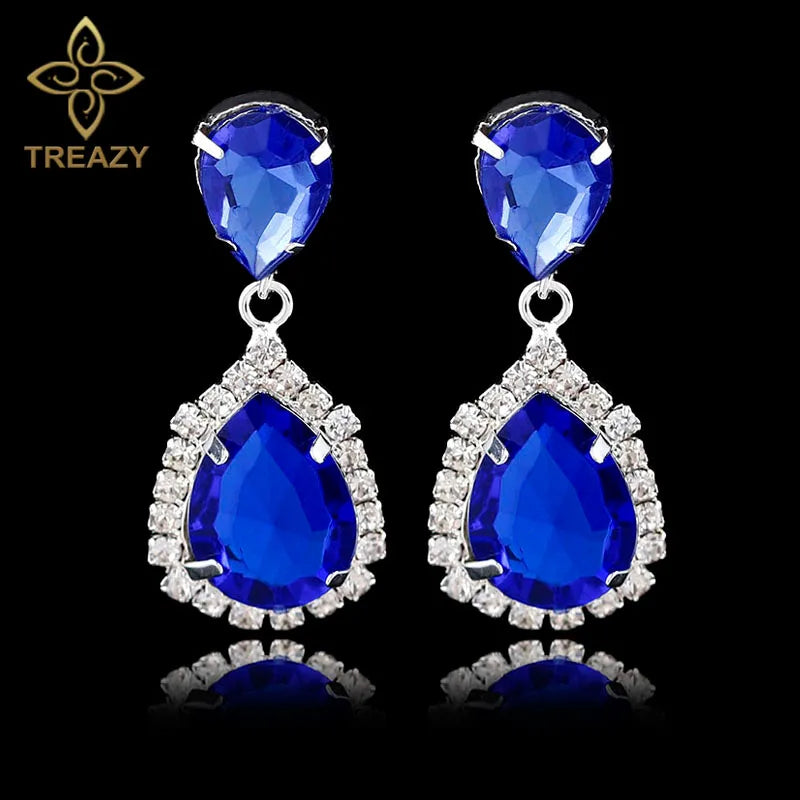 TREAZY Clear/Royal Blue Crystal Long Drop Earrings Elegant Teardrop Bridal Party Dangle Earrings Wedding Jewelry for Women