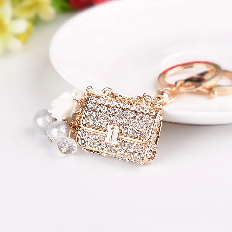2025 Fashion Crystal bag Shape Flower Rhinestone Keychain for Women's bags Pendants Decoration Accessories Car keyrings Jewelry