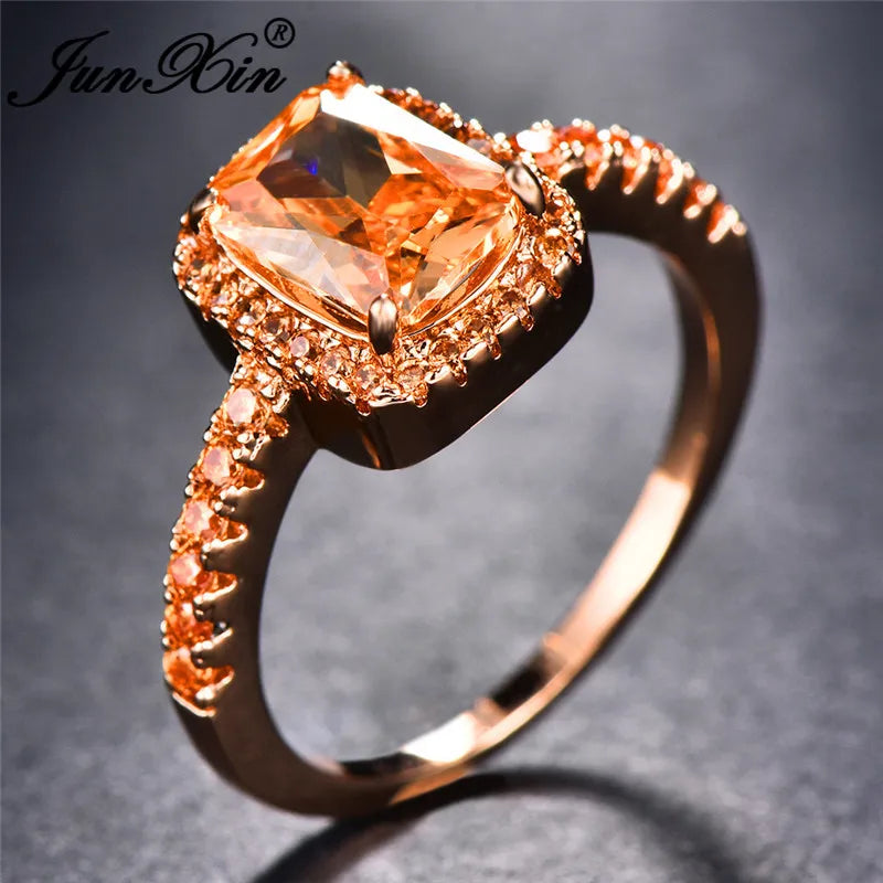 Cute Fashion Female Big Square Rose Gold Champagne Zircon Stone Jewelry For Women Promise Love Engagement Rings