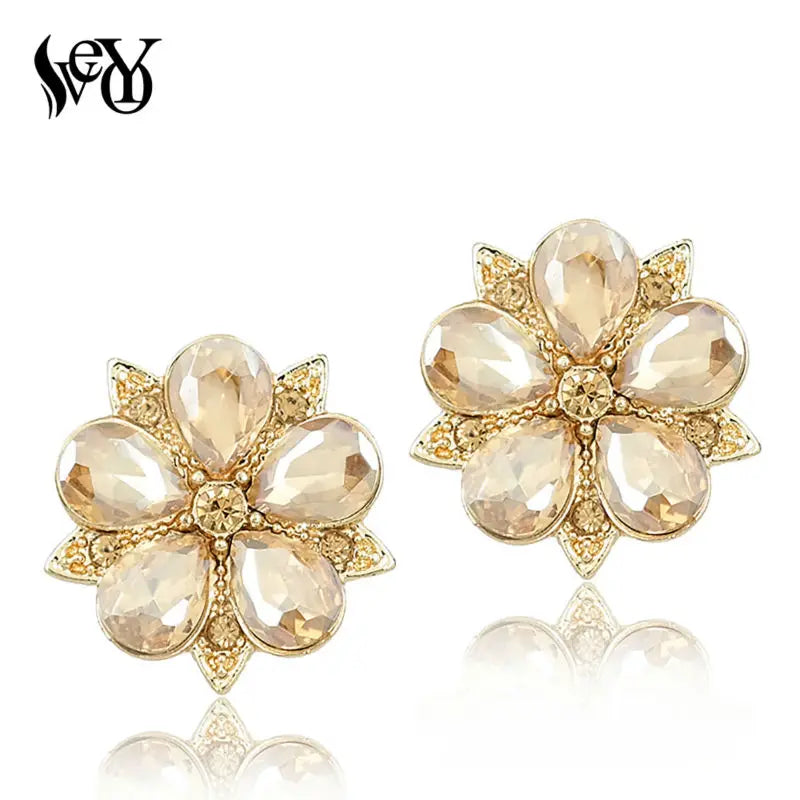 VEYO Annular Crystal Rhinestone Stud Earrings New Design Flower Shape Piercing Earrings Trendy Women Jewelry Gift