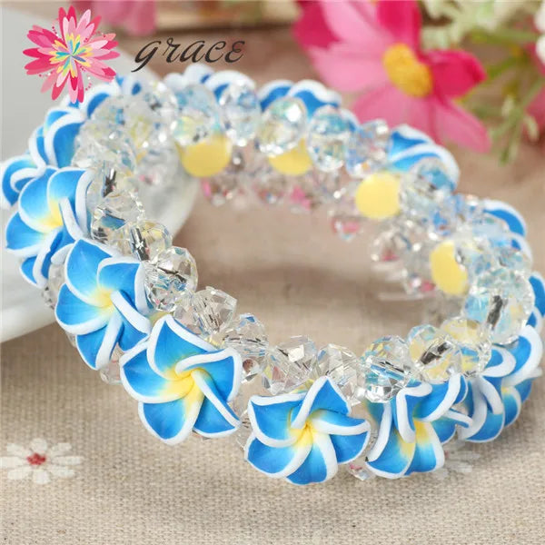 1pc/lot Handmade Cute Polymer Clay Frangipani Plumeria Hawaiian Flower Bracelets For Girls Women Holiday seaside Hawaii Jewelry