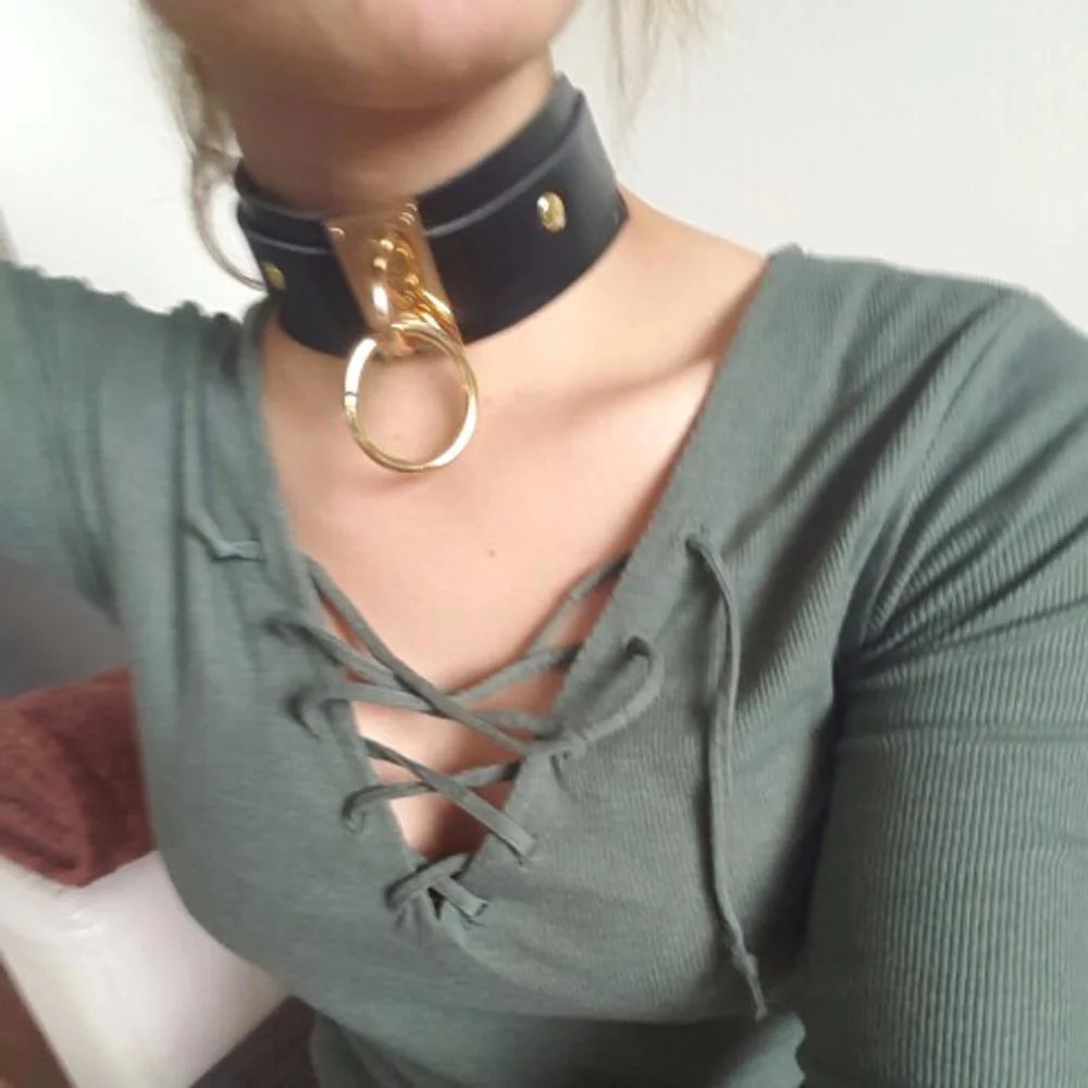 KMVEXO Women Men Cool Handmade Oversize Choker Necklace Fetish O Round Metal Gold Color Leather Collar Bondage Harness Necklaces