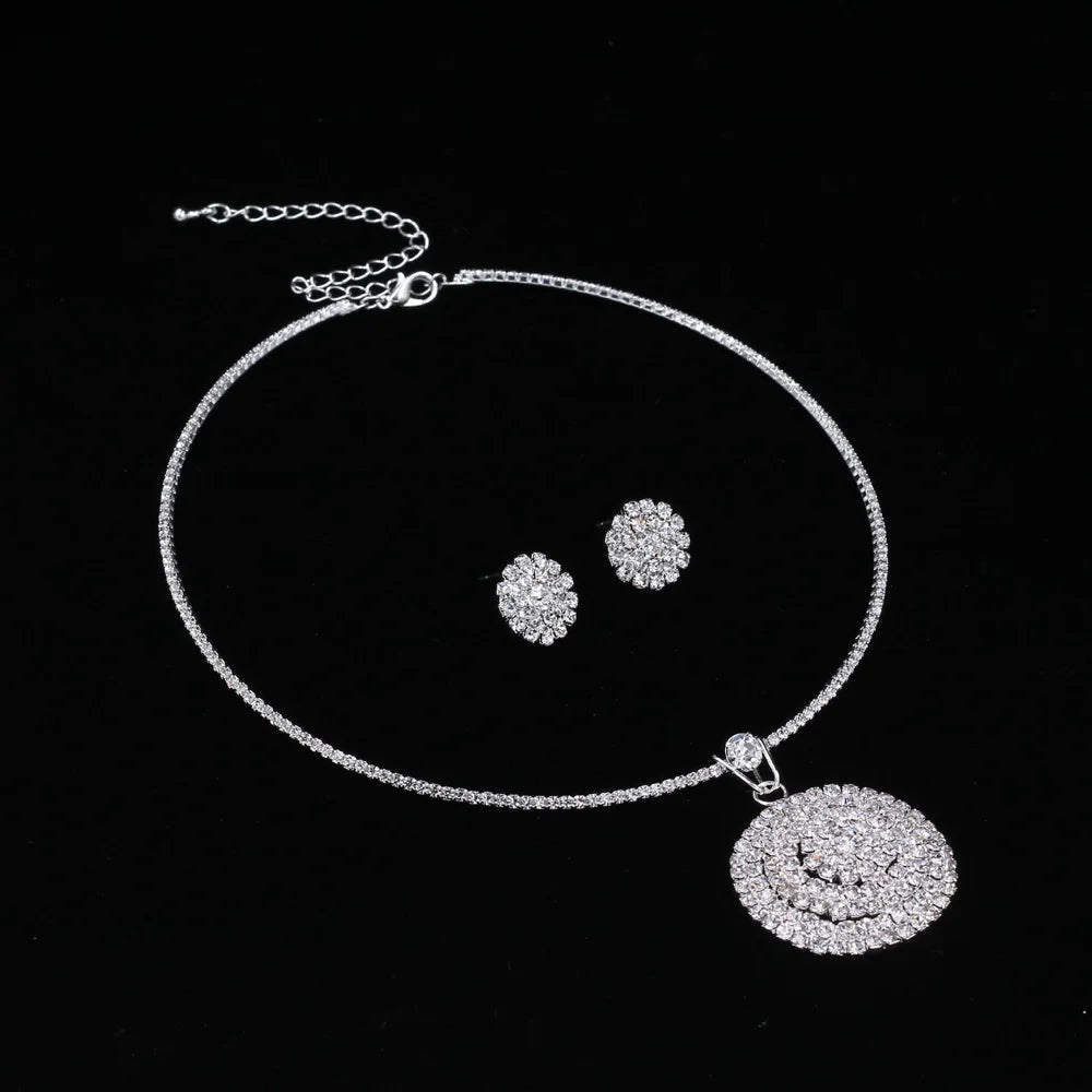 TREAZY Bridal Wedding Prom Crystal Jewelry Set Rhinestone Circle Pendant Choker Necklace Earrings Set Women African Jewelry Sets