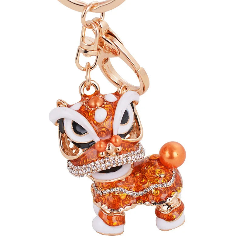 EASYA Chinese Lion Dance Chinatown GIFTS Rotatable Car Keychain Crystal Lucky Mascot Key Chain Ring  Souvenir