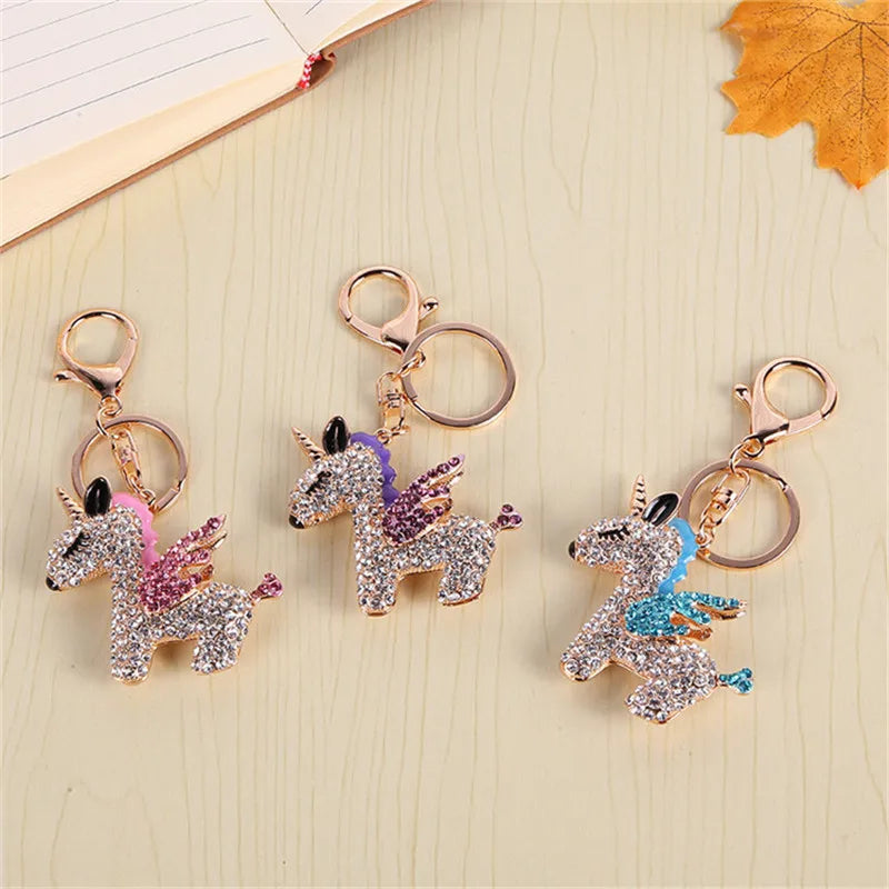 Fashion Full Crystal Rhinestone Unicorn Keychain Car keyrings Women's bags Decoration Accessories horse Pendants Jewelry