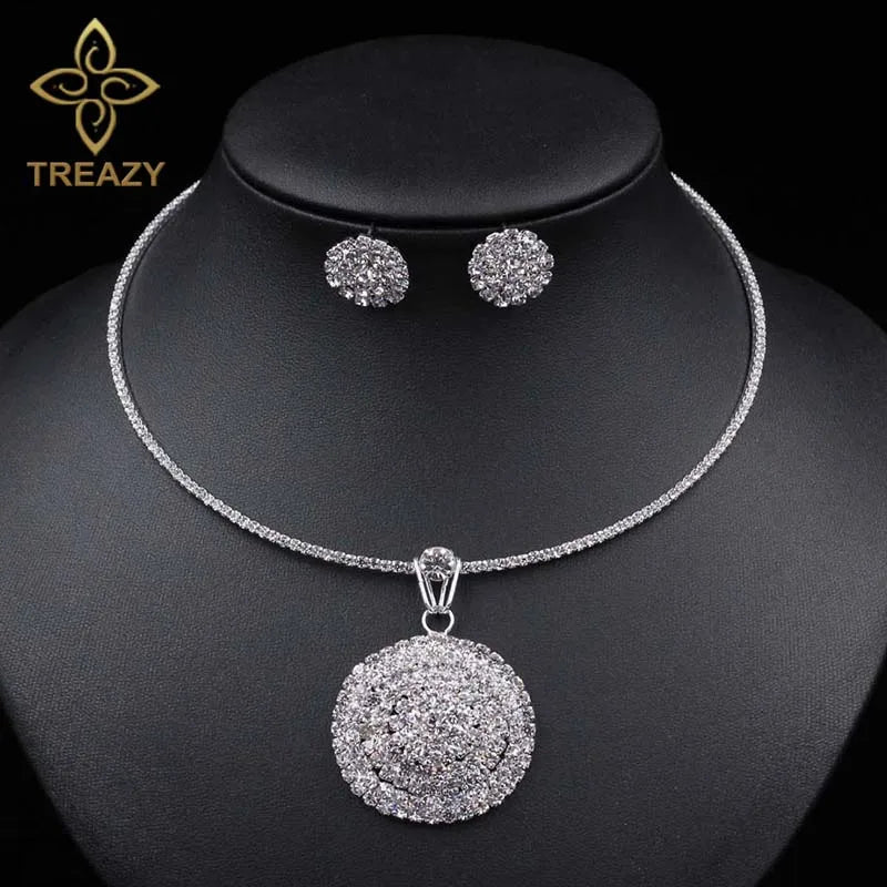 TREAZY Bridal Wedding Prom Crystal Jewelry Set Rhinestone Circle Pendant Choker Necklace Earrings Set Women African Jewelry Sets