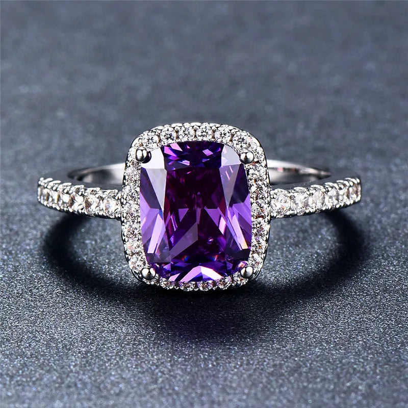 Luxury Female Girl Big Crystal CZ Stone Ring Silver Color White Blue Purple Green Wedding Rings For Women