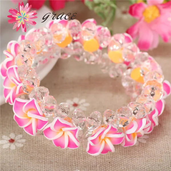 1pc/lot Handmade Cute Polymer Clay Frangipani Plumeria Hawaiian Flower Bracelets For Girls Women Holiday seaside Hawaii Jewelry