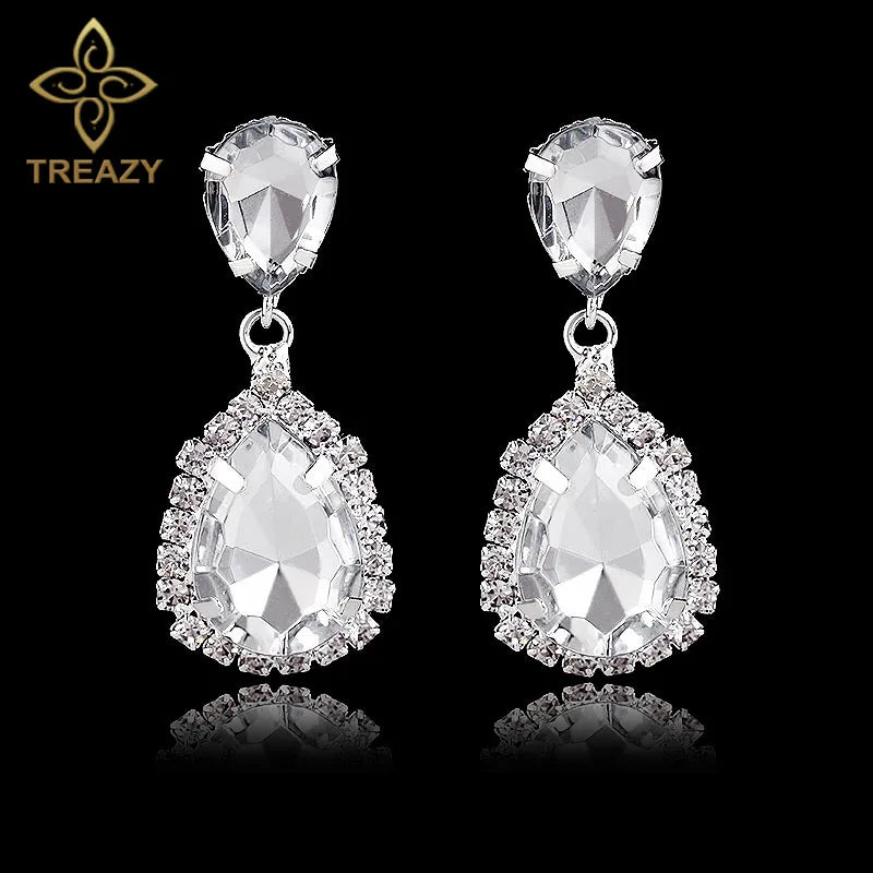 TREAZY Clear/Royal Blue Crystal Long Drop Earrings Elegant Teardrop Bridal Party Dangle Earrings Wedding Jewelry for Women
