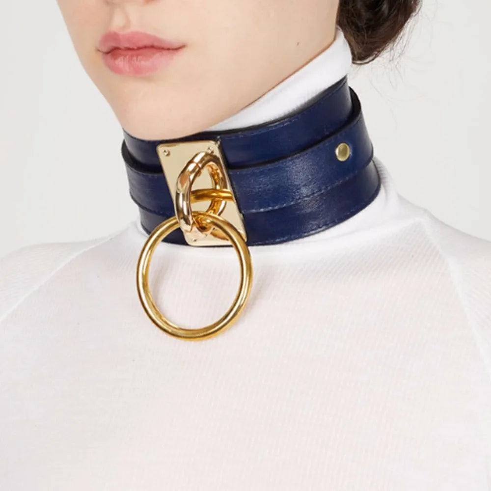 KMVEXO Women Men Cool Handmade Oversize Choker Necklace Fetish O Round Metal Gold Color Leather Collar Bondage Harness Necklaces