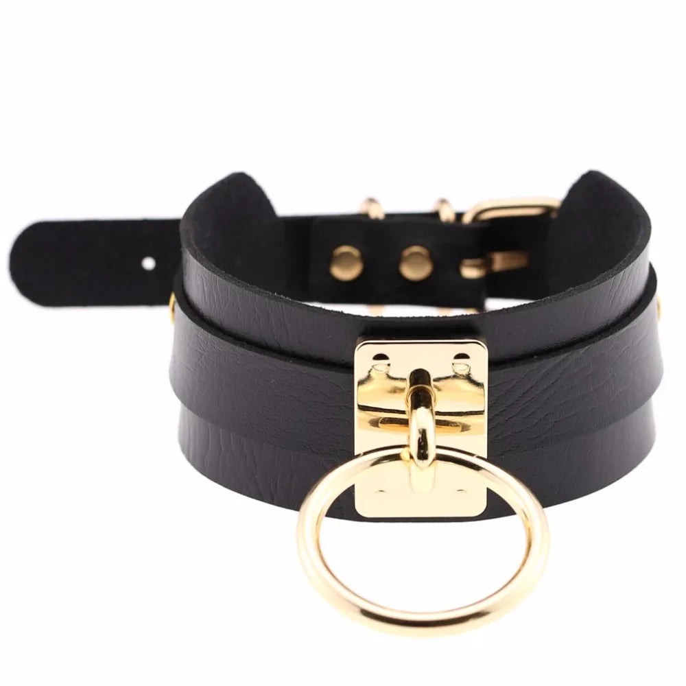 KMVEXO Women Men Cool Handmade Oversize Choker Necklace Fetish O Round Metal Gold Color Leather Collar Bondage Harness Necklaces