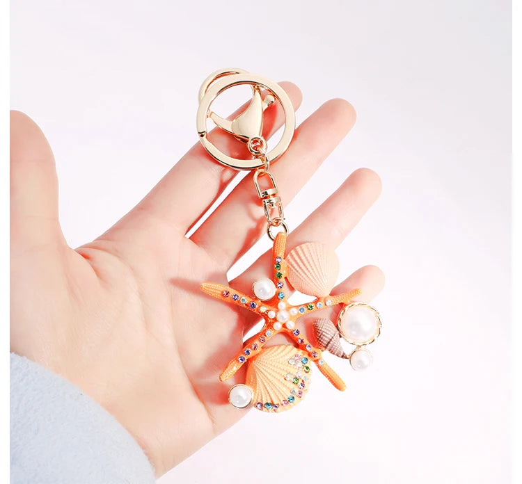 EASYA 2 Colors Sea World Crystal Starfish Keychain Fashion Simulated Pearl Shell Keyring Holders For Women Bag Car Key Chains